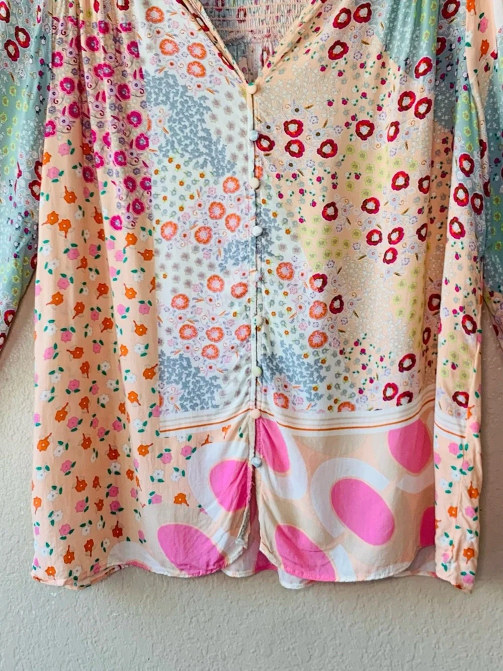 Rose & Olive Floral Mixed Media Smocked Cottagecore Boho Blouse Size L - Picture 5 of 8
